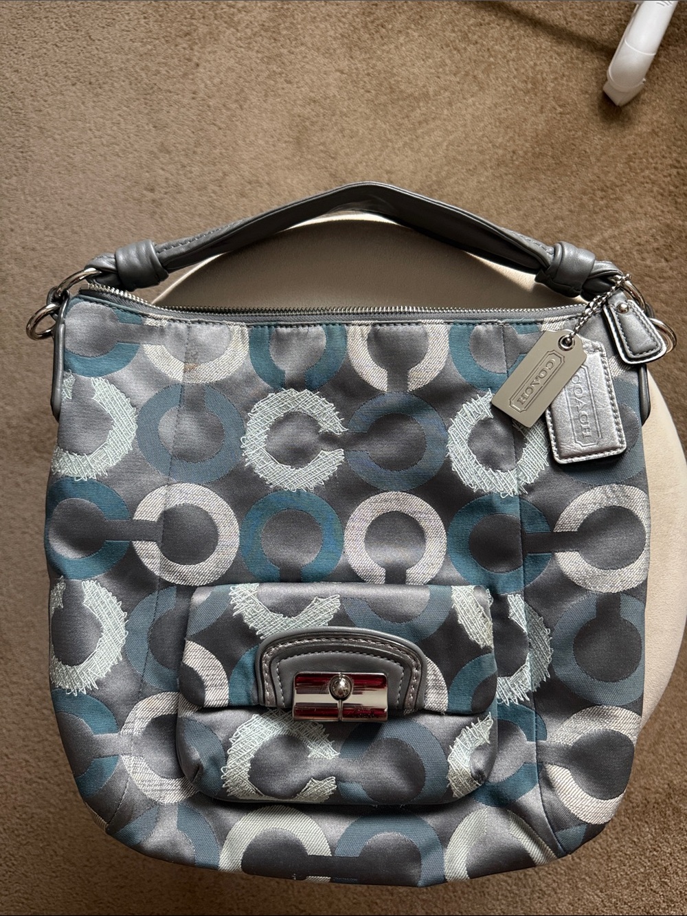 Coach Gray and Teal Signature Circle Hobo Shoulder Bag